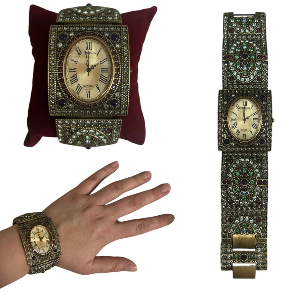 Vintage NEW deadstock Heidi Daus brass rhinestone watch / bracelet / cuff
